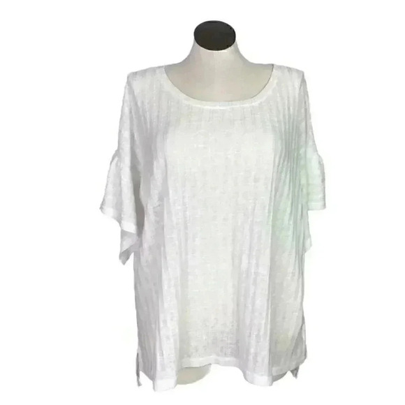 Suzanne Betro Women 4X Ribbed Knit Sweater White Scoop Neck Ruffle Short Sleeve - Picture 1 of 5